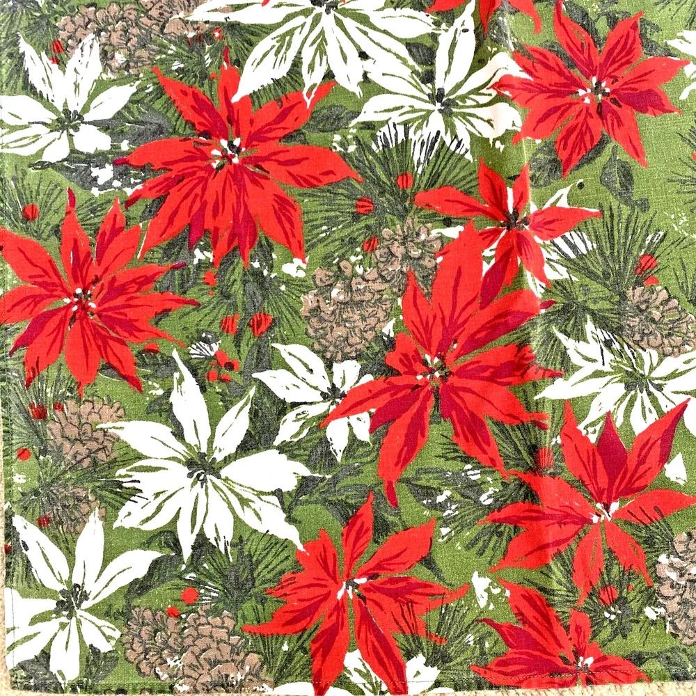 Vintage Christmas Tablecloth 50” Square Poinsettias & Pine Cones Retro 1970's